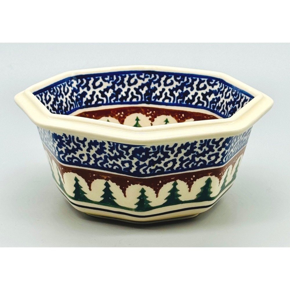 Boleslawiec Polish Pottery Bowl Pine Tree Star Octagonal 6 inch Hand Painted